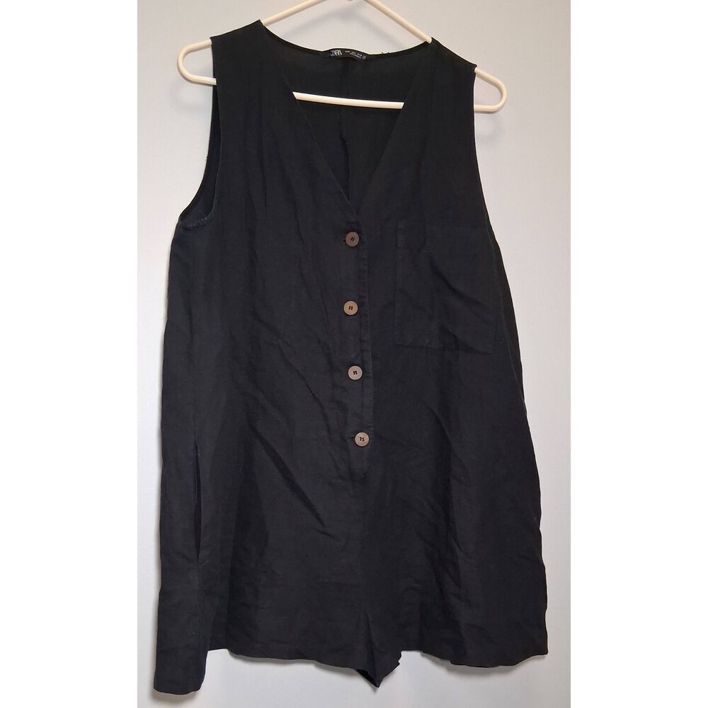 Zara womens large linen cotton wide leg short romper black